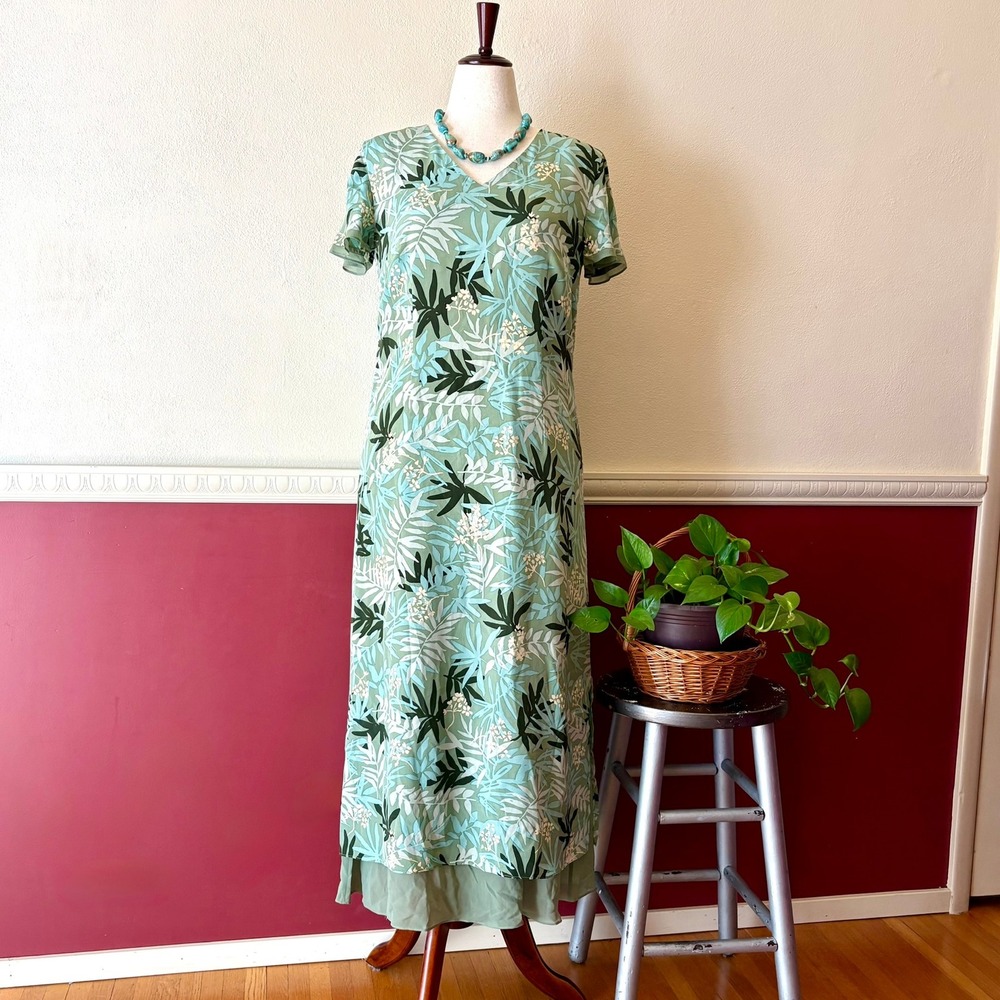 Vintage Norm Thompson 100% Silk Tropical Maxi Dress Sage Green 12 Resortwear Y2K